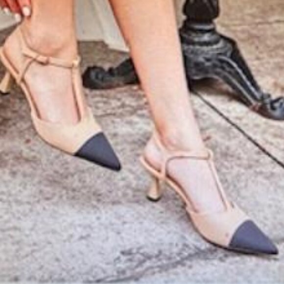 Coutgo Women’s Kitten Heels Sling back Pumps Closed Pointed Toe Two Tone Ankle T - Picture 1 of 16